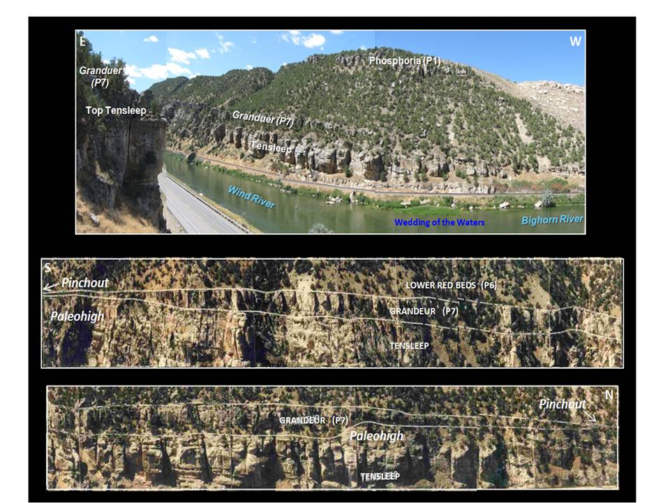Pictures of contact between Pennsylvanian Tensleep Sandstone and Permian Phosphoria Formation, annotated, Wind River Canyon, Hot Springs County, Wyoming