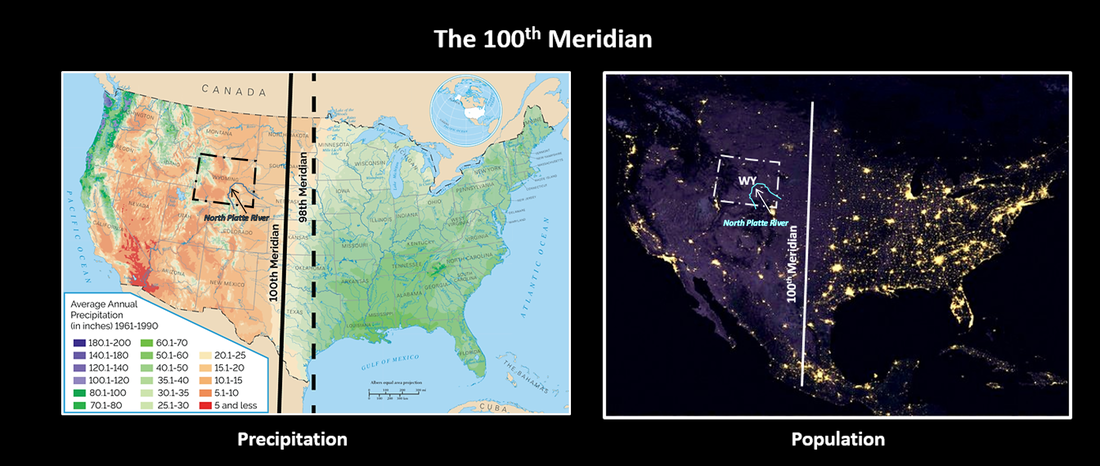 Precipitation map of US showing 100th Meridian and nighttime picture of US