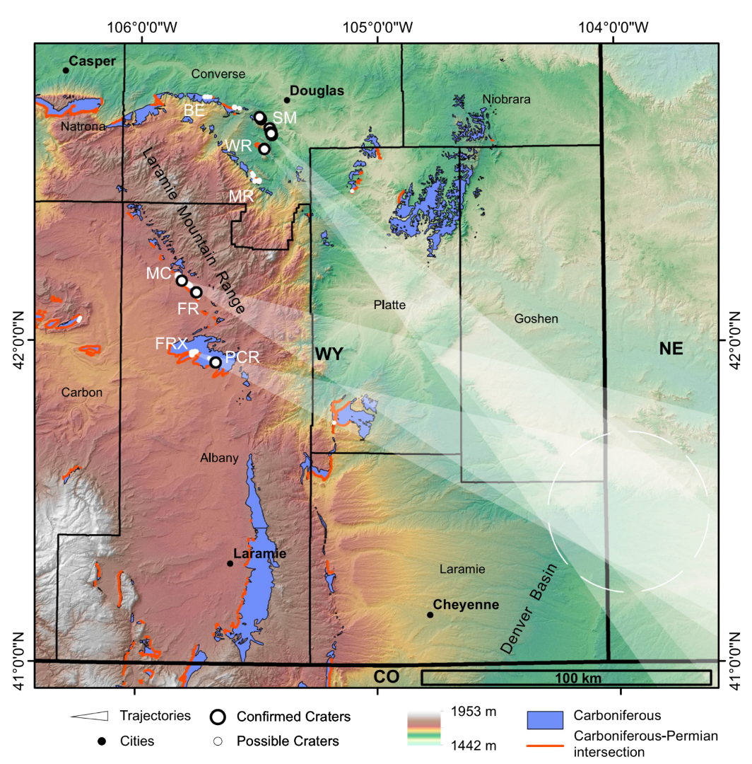 Map of secondary and primary impact craters in southeast Wyoming