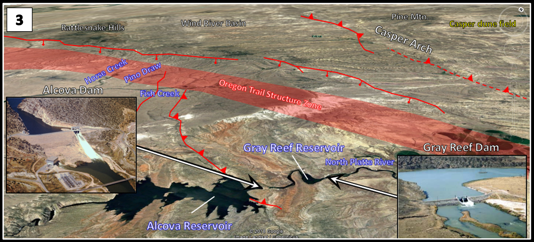  Aerial picture of Alcova Reservoir annotated with faults, and pictures of Alcova Dam and Gray Reef Dam, Wyoming