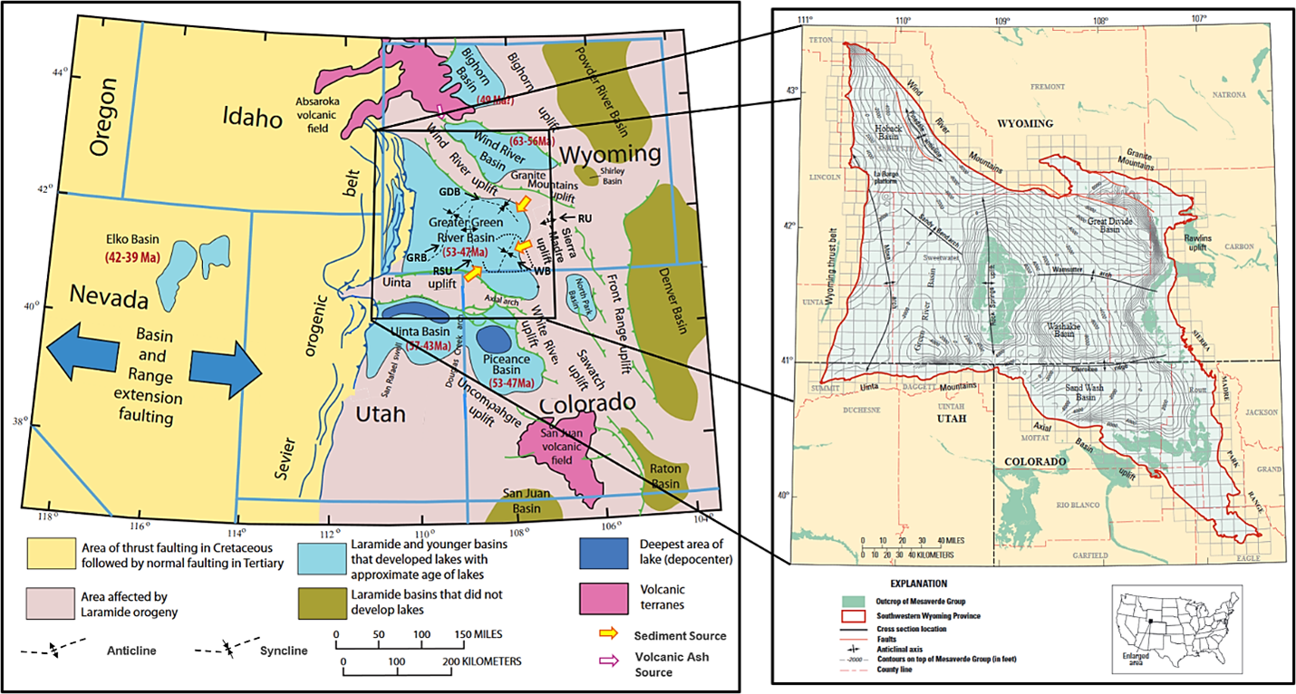 Geology map of central Rocky Mountain region and Mesaverde Formation structure map of southwestern Wyoming