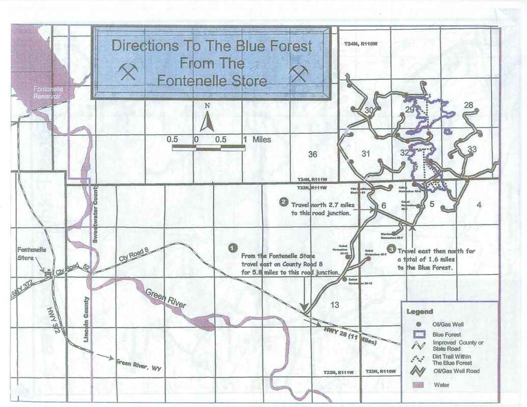 Map and directions to Blue Forest petrified wood site, Sweetwater County, Wyoming