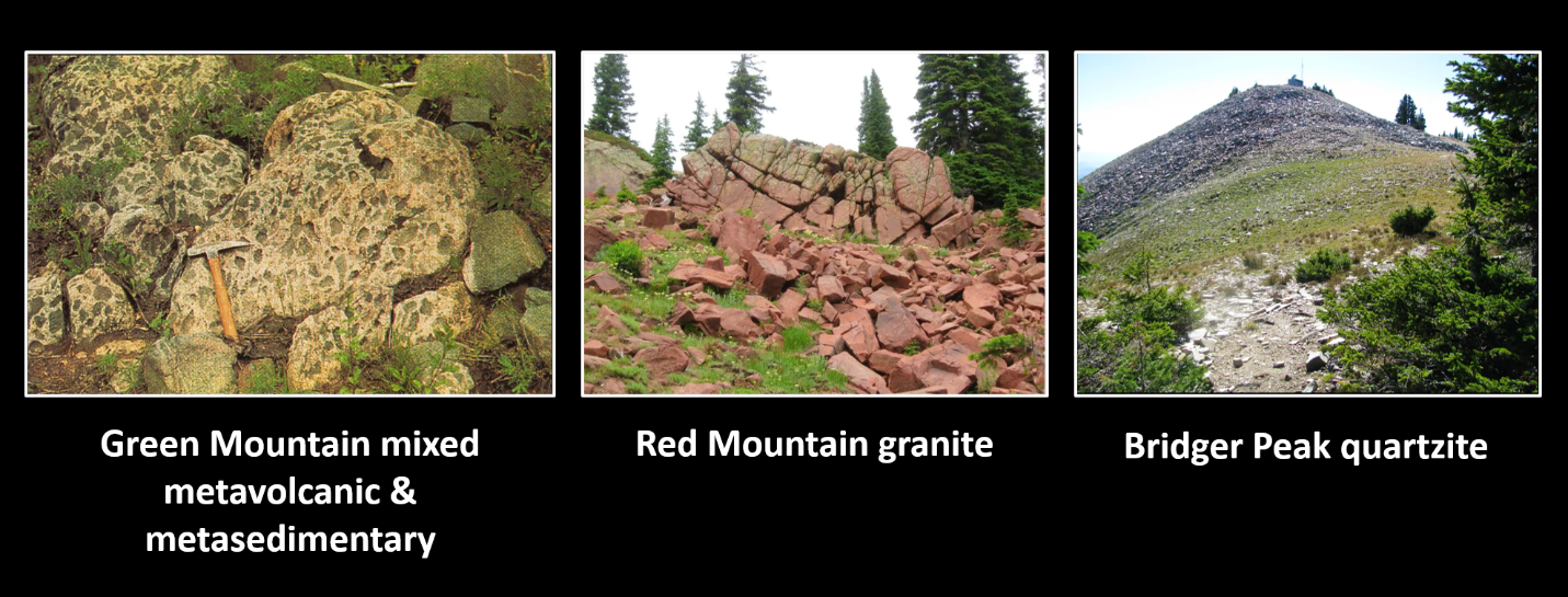 Pictures of Paleoproterozoic Green Mountain Formation, Red Mountain Granite and Bridger Peak Quartzite in the Sierra Madre Mountains, Carbon County, Wyoming