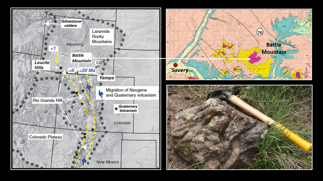 Map of Neogene and Quaternary volcanism in the Rockies, geologic map Battle Mountain and picture of lava flow Battle Mountain, Carbon County, Wyoming,  