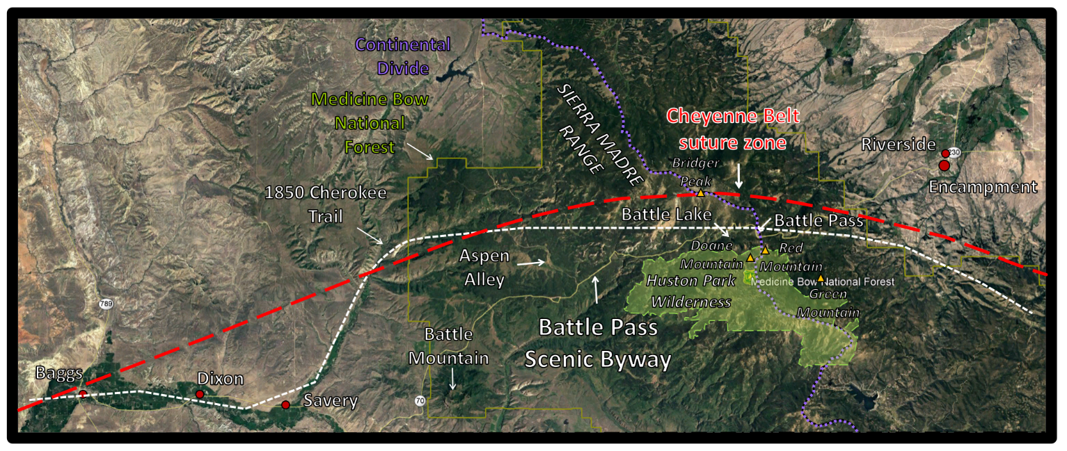 Annotated Google Earth view of Sierra Madre Mountains and WY Highway 70, Carbon County, Wyoming