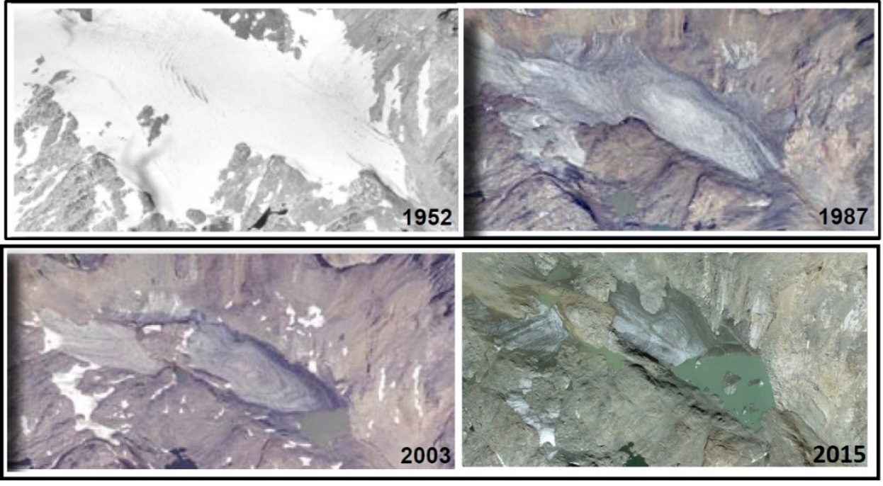 Images of rapid retreat of Castle Rock Glacier over last six decades, Beartooth Mountains, Montana