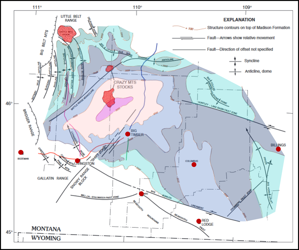 Geologic Madison Formation structure map of the Crazy Mountains Basin, Montana
