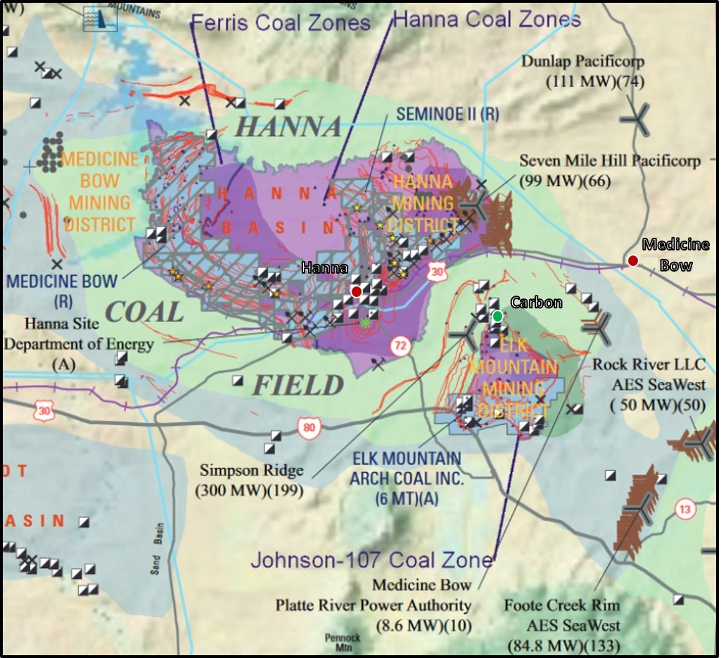 Map of Carbon and Hanna coal fields, and wind farms, Wyoming
