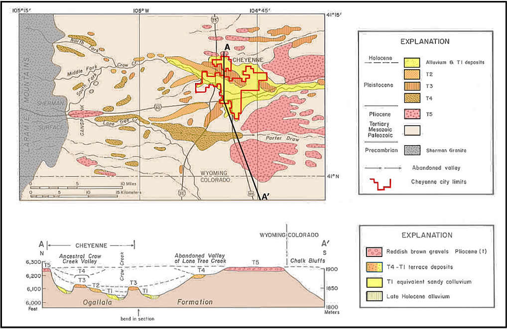 Geology map and cross section of Cheyenne Tablelands Cenozoic rocks, southeast Wyoming