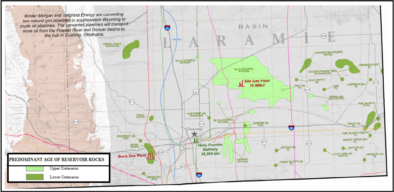 Map of oil and gas fields in southeast Wyoming
