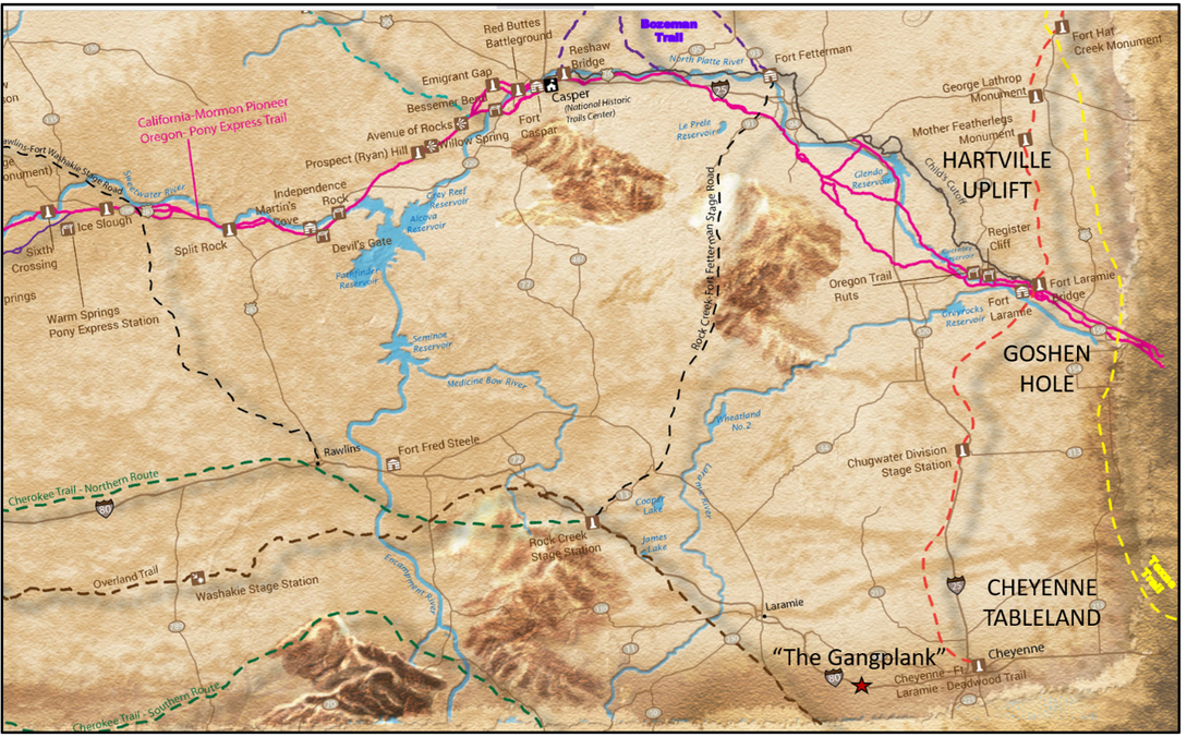 Map of historic trails in southeast Wyoming