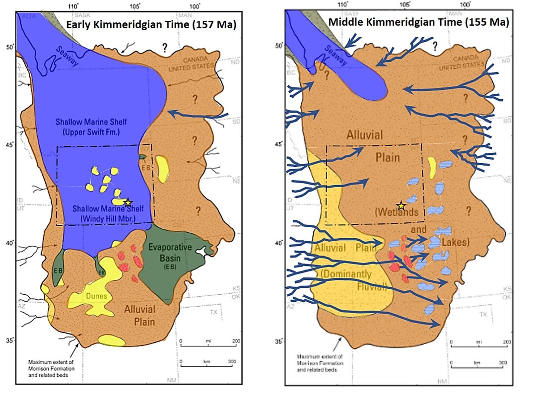 Paleogeography map of Jurassic Early and Late Kimmeridgian Time, Rocky Mountains