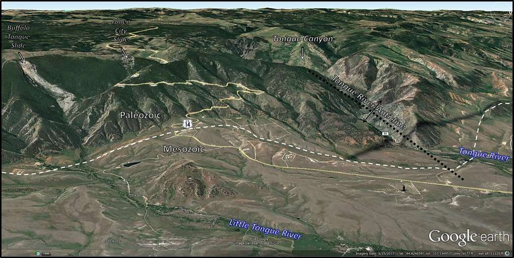 Aerial view of east flank of Bighorn Mountains with annotated geology, Sheridan County, Wyoming