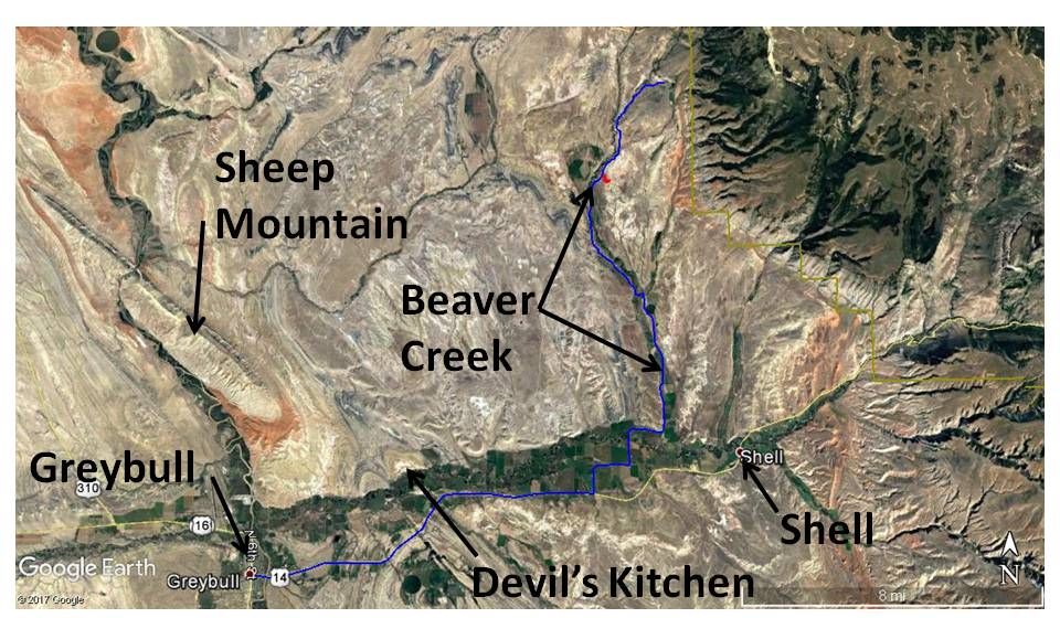 Google Earth image directions Greybull to Beaver Creek, Bighorn County, Wyoming