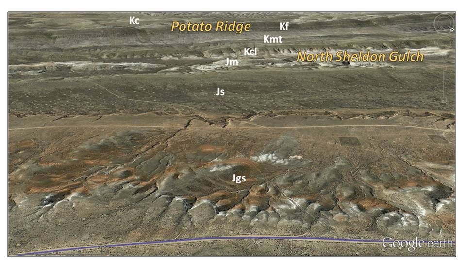Google Earth image Potato Ridge, annotated geology, Big Horn County, Wyoming