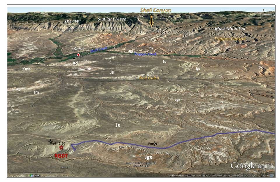 Google Earth image Red Gulch Dinosaur Tracksite area, annotated geology, Big Horn County, Wyoming