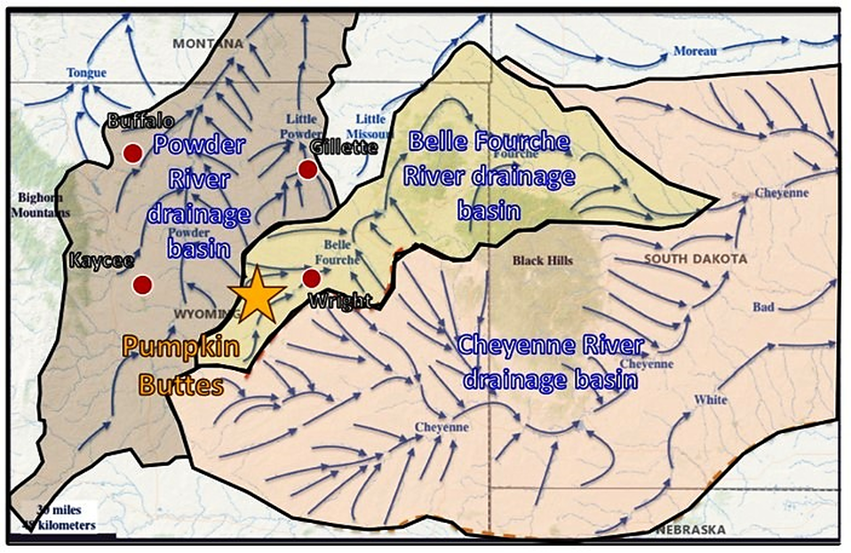 Map of Powder River Basin drainage basins,  Wyoming and South Dakota