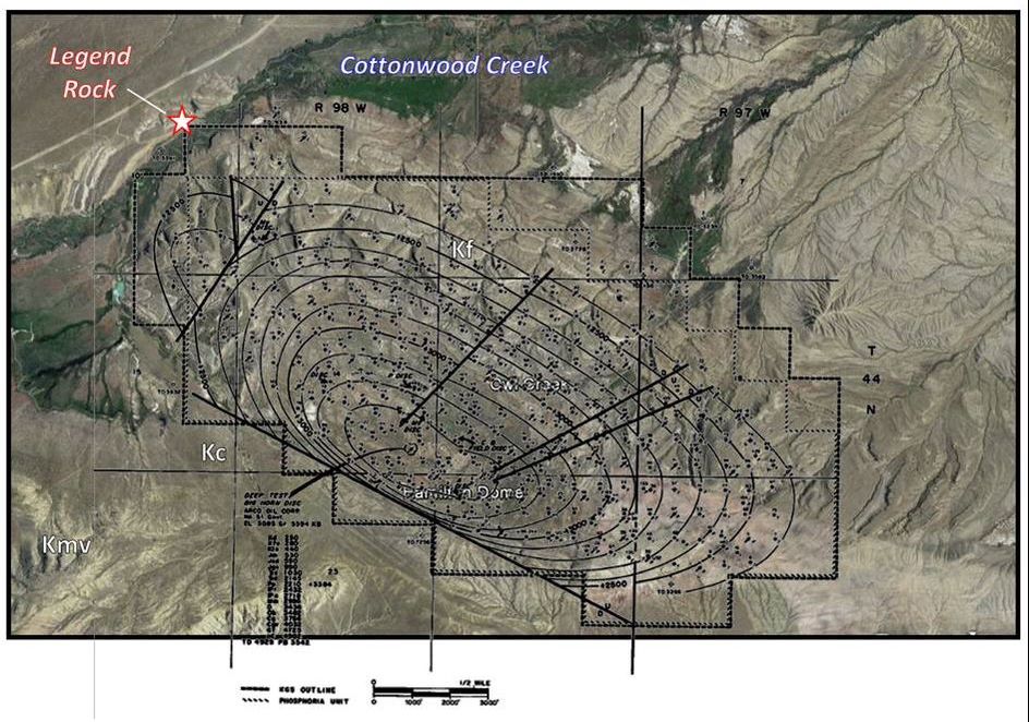 Hamilton Dome Oil Field Phosphoria Structure Map overlayed on Google Earth image, Hot Springs County, Wyoming