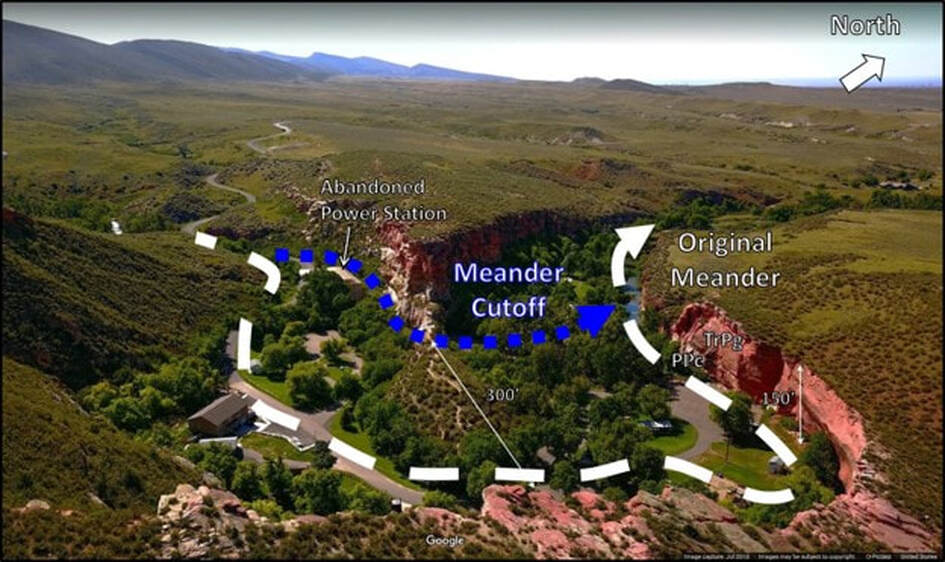 Picture Ayres Natural Bridge annotated with original meander loop & meander cutoff, Converse County, Wyoming