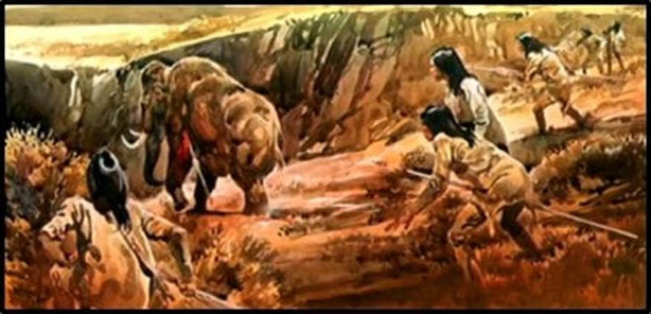 Painting of Clovis culture mammoth hunt, Wyoming