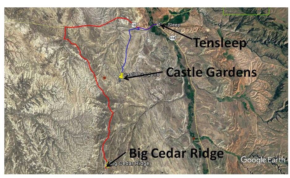 Google Earth image with directions to Big Cedar Ridge and Castle Gardens