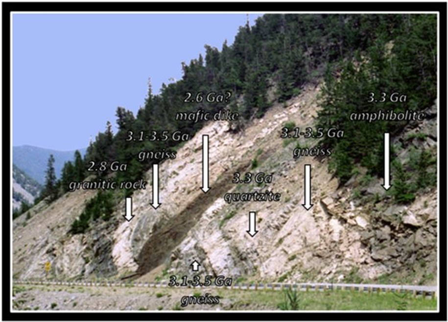 Picture of Beartooth Highway outcrop with ancient zircons, Montana 