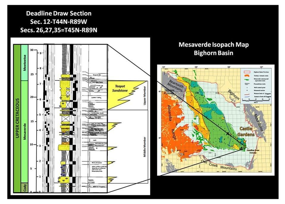 Upper Cretaceous Mesaverde outcrop description and isopach map Bighorn Basin