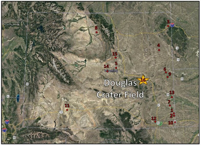 Map of meteor impact crater sites in Wyoming