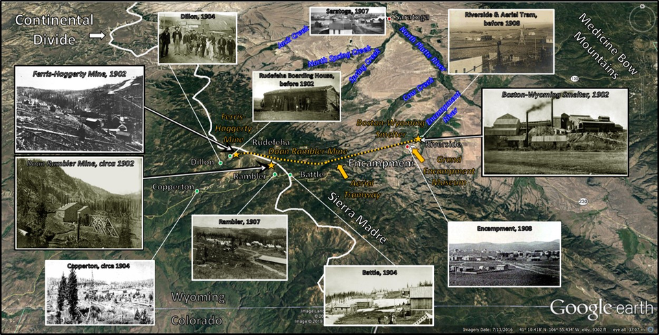 Map and historic pictures of mines in Encampment and Sierra Madre Mountains, Wyoming