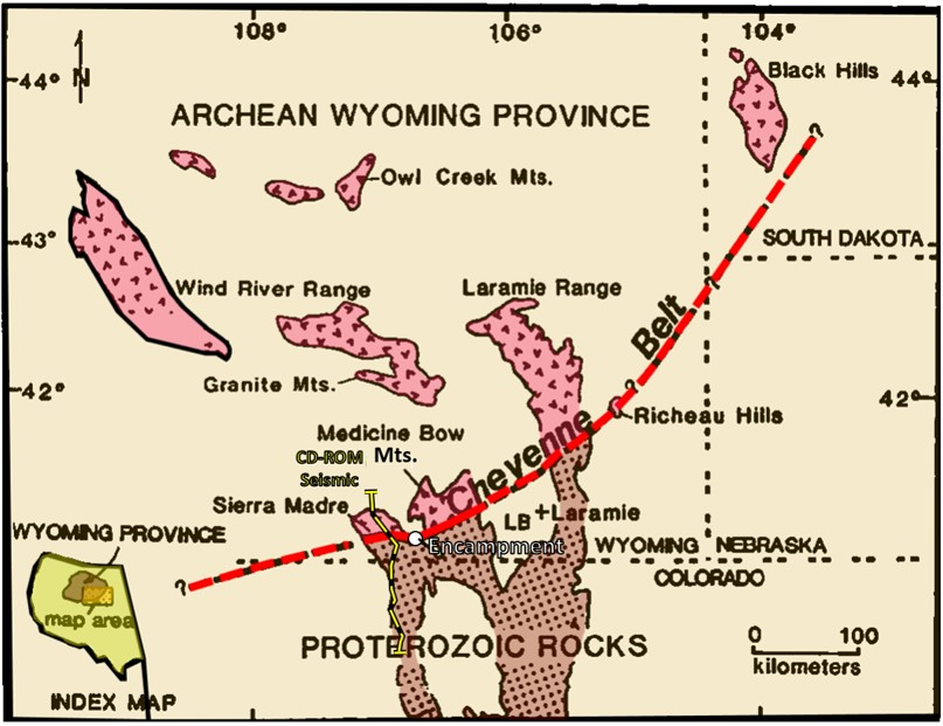 Geology map showing Archean & Proterozoic rocks, and Cheyenne Belt in Wyoming, Colorado, Nebraska and South Dakota