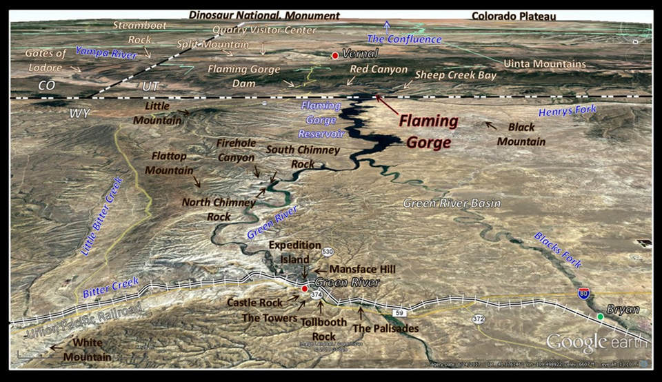 Google Earth view of Green River and Flaming Gorge, annotated