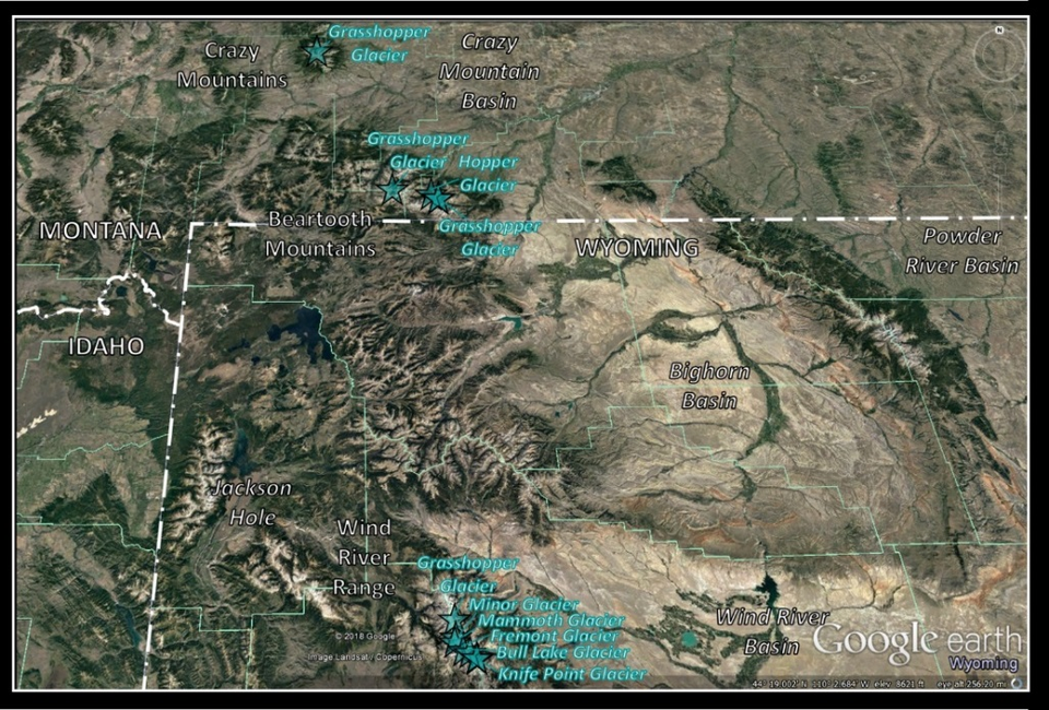 Map of glaciers with grasshoppers, Wyoming and Montana