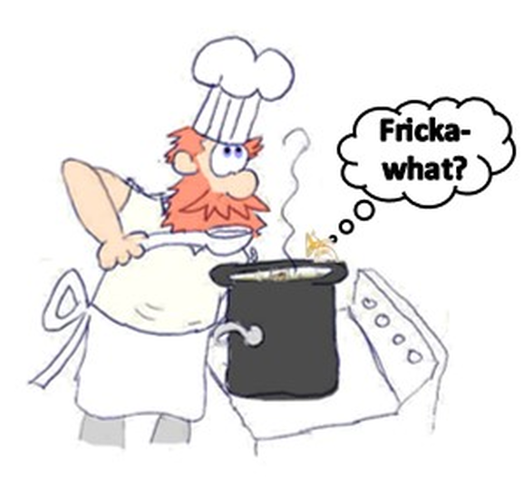 Cartoon of chef Ken Steele making locust fricassee