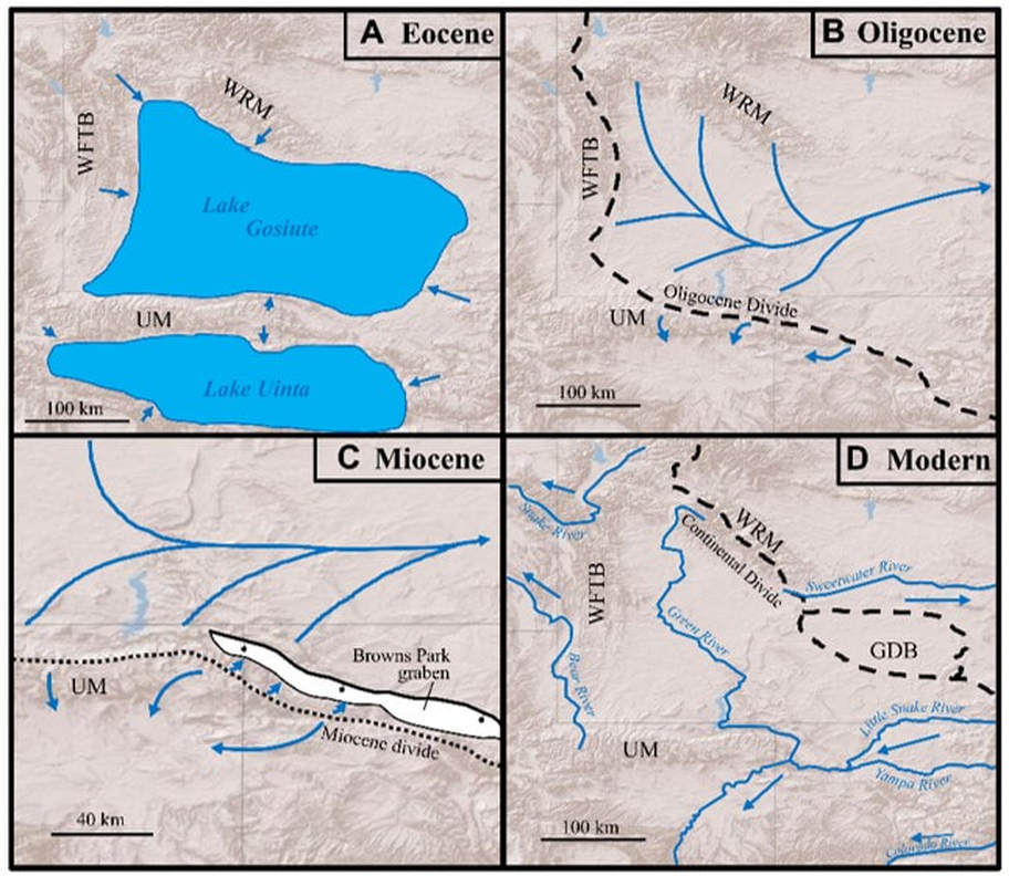 Paleogeographic maps showing evolution of Tertiary drainage patterns in Green River Basin and Uinta Mountains