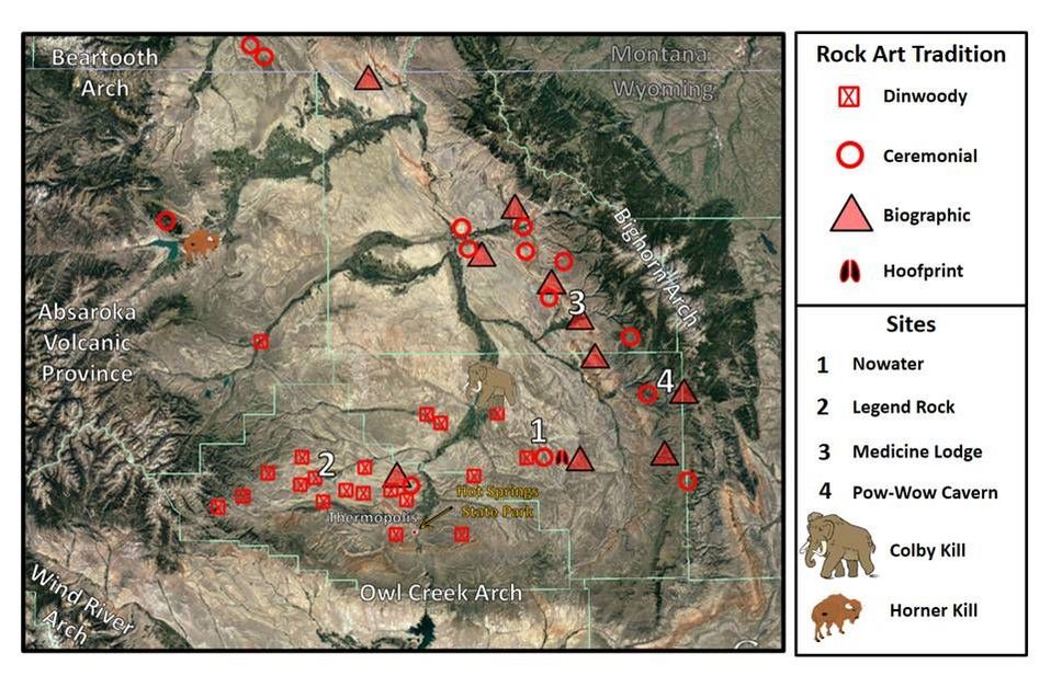 Map of Native American sites in Bighorn Basin, Wyoming