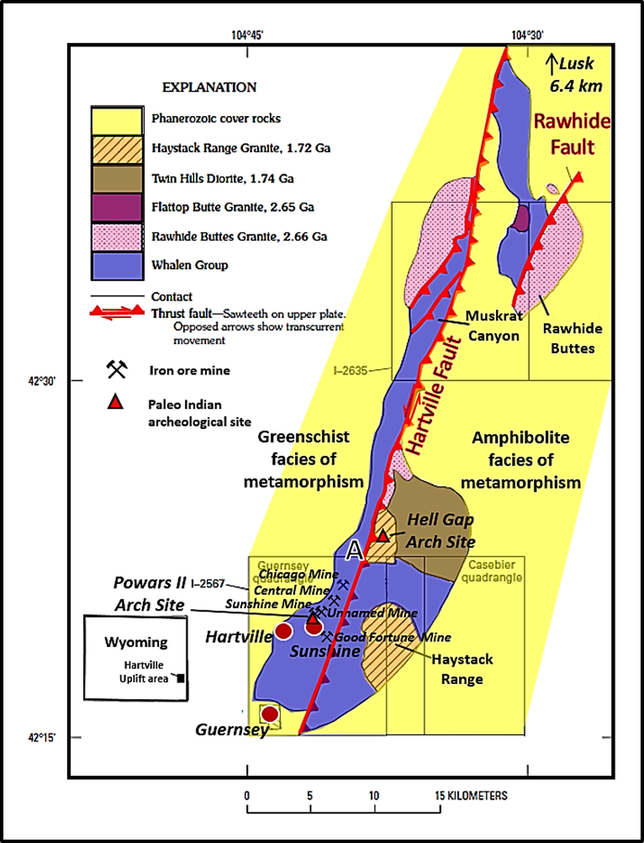 Geologic map of Precambrian rocks on Hartville Uplift, annotated iron mines, Wyoming