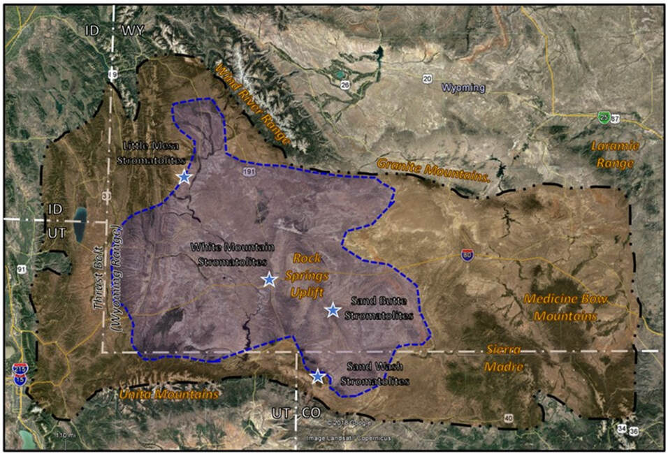 Map of Eocene Lake Gosiute maximum extent, annotated with stromatolite sites, Wyoming & Colorado