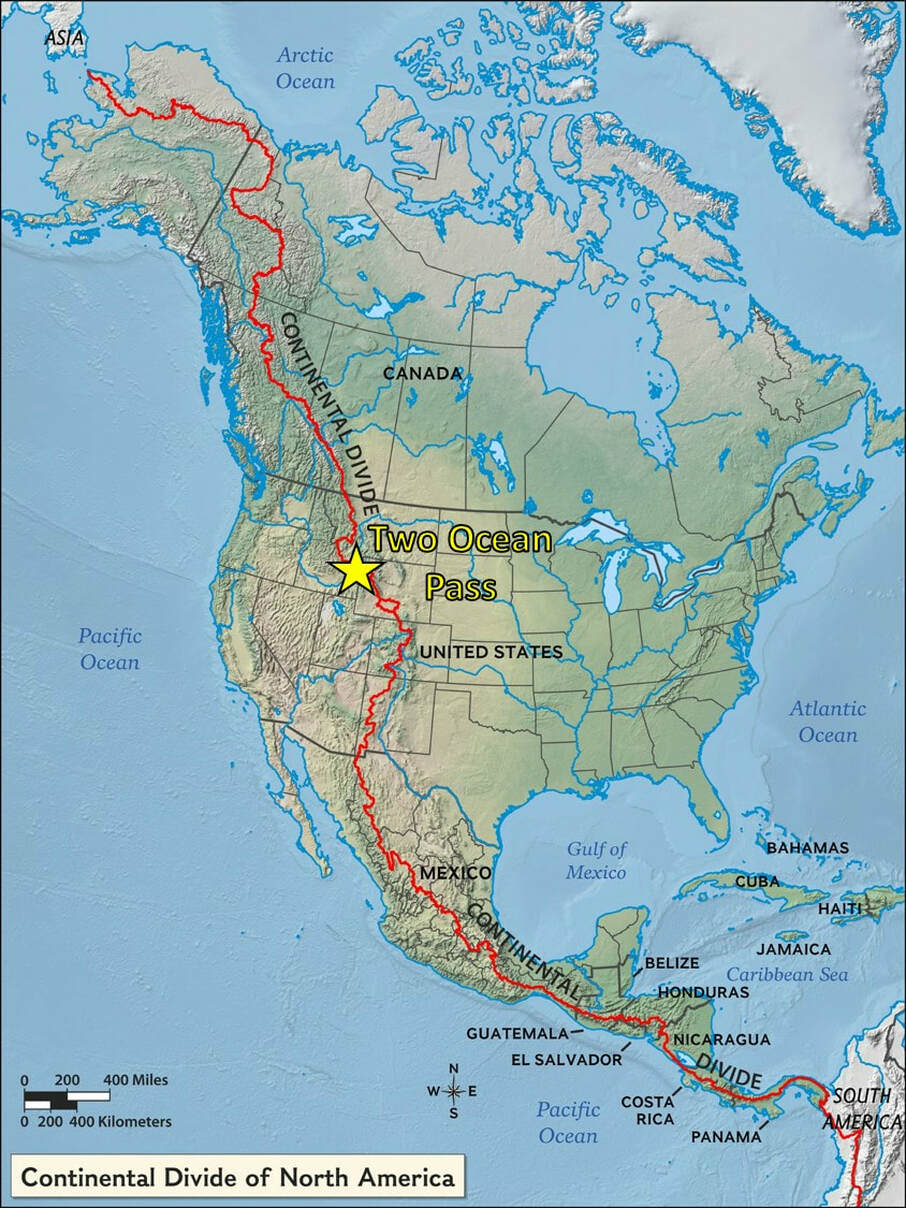 Map of North America Continental Divide with Two Ocean Pass labeled