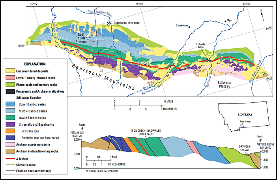 Geologic map and cross section of Precambrian Stillwater Complex, Montana