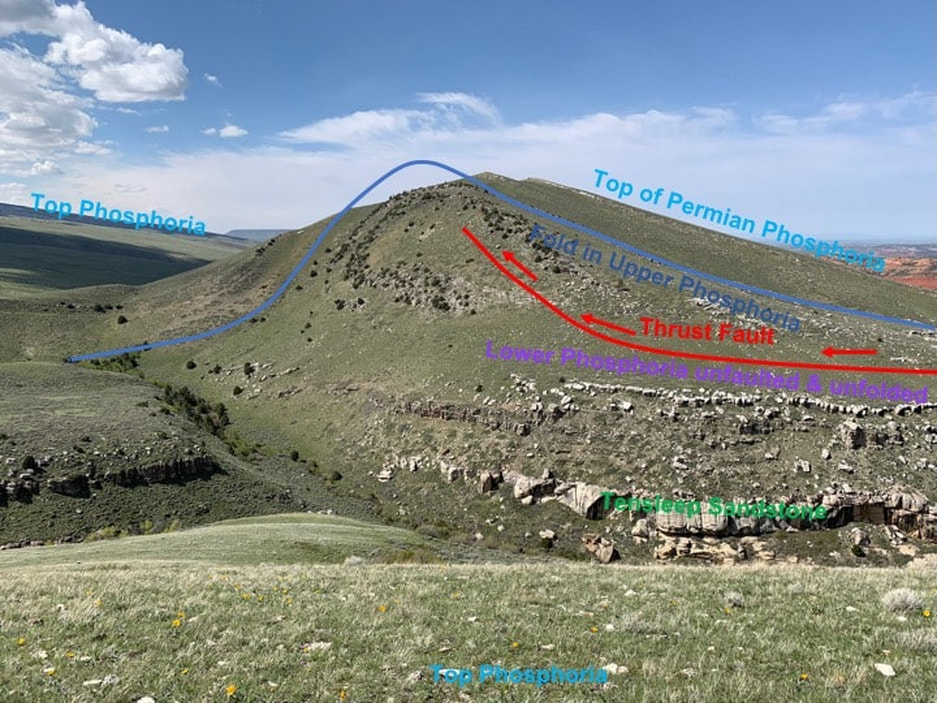 Picture of Red Canyon Anticline annotated with geology, Fremont County, Wyoming