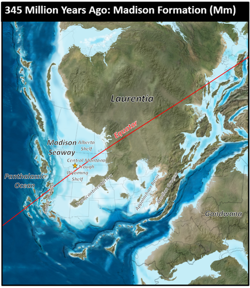 Paleogeography map of Mississippian Madison Formation, 345 million years ago, North America