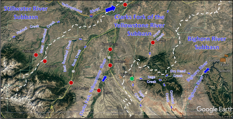Subbasins of the Yellowstone Basin drainage system in Pryor Mountains area, Montana