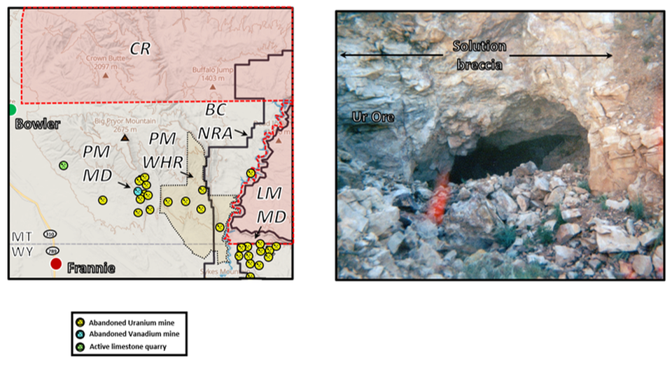 Map of abandoned uranium and vanadium mines in the Pryor Mountains area and picture of abandoned uranium mine, Montana