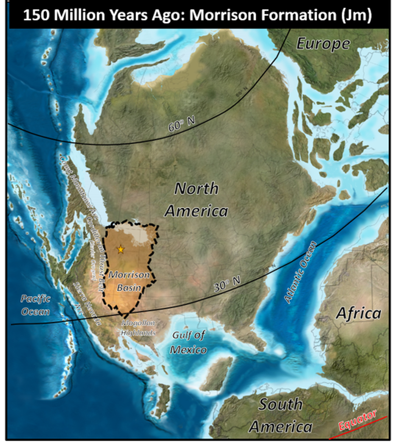 Paleogeography map of Jurassic Morrison Formation, 150 million years ago, North America