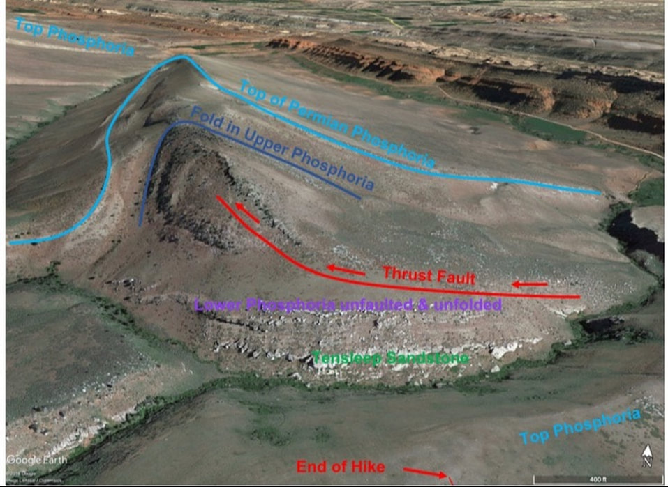 Picture of Red Canyon Anticline with annotated geology, Fremont County, Wyoming