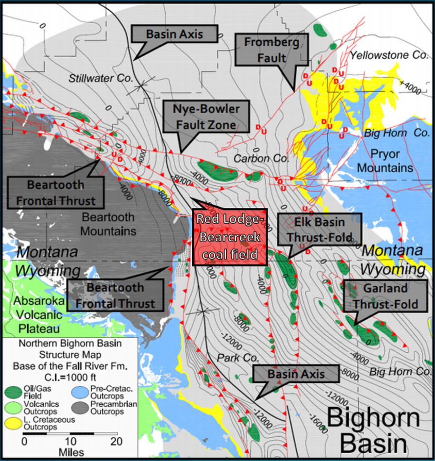 Northern Bighorn Basin structure map on Cretaceous Fall River Sandstone (Dakota Sandstone), Montana and Wyoming