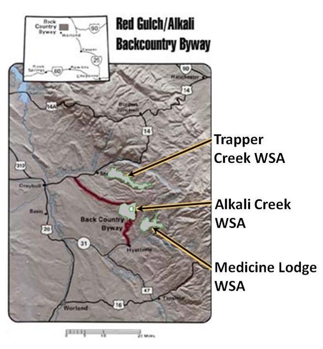 Map wilderness study areas near Red Gulch Alkali Backcountry Byway, Big Horn County, Wyoming