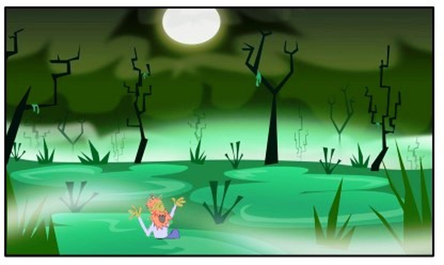 Cartoon reconstruction of a Paleocene swamp and extinct swamp thing