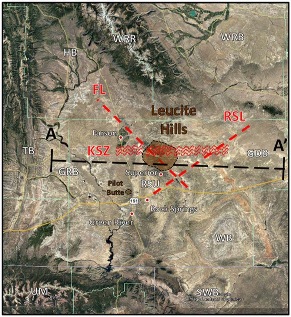 Map of Leucite Hills, Lamproite volcanic system and regional lineaments, Wyoming