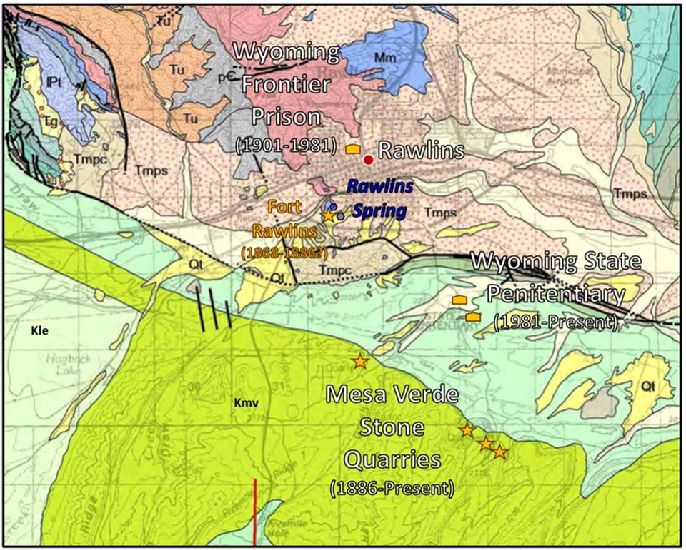 Geology map of Rawlins area with annotation of Mesaverde Sandstone Quarries and prisons, Carbon County, Wyoming